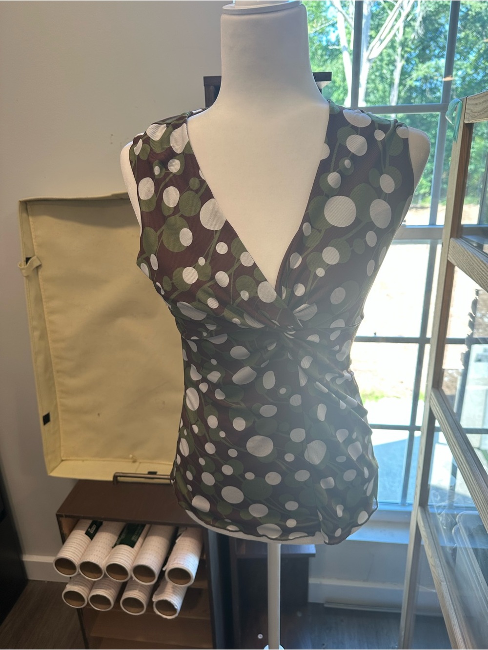 Willi Smith Olive Green and White Polka Dot Twist-Front Camisole
